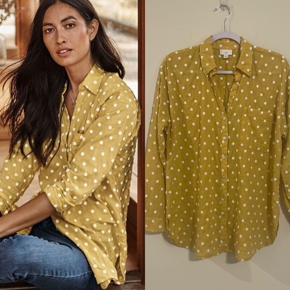J.Jill Women's Button Front Top Medium Yellow Polka Dot 100% Cotton Embroidered - Picture 1 of 17